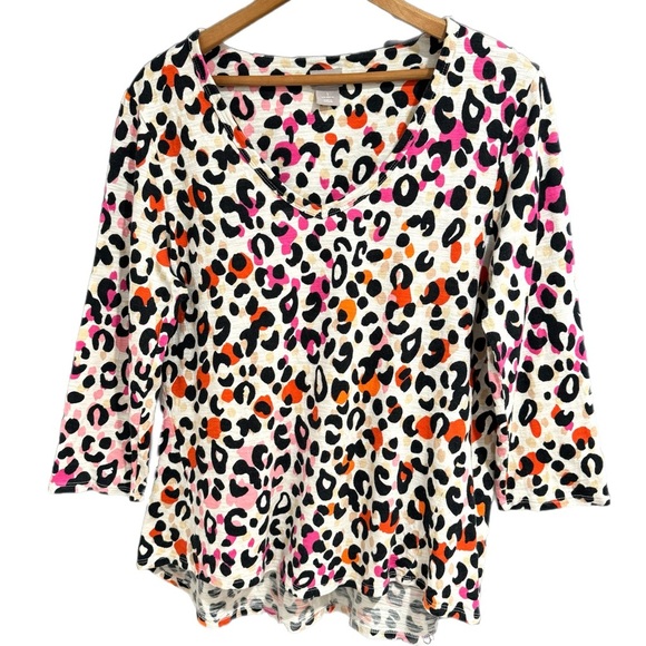 CHICOS 1 Cheetah Print V Neck Tee Multi Color Shirt 3/4 Sleeve Knit Blouse Sz M - Picture 3 of 7
